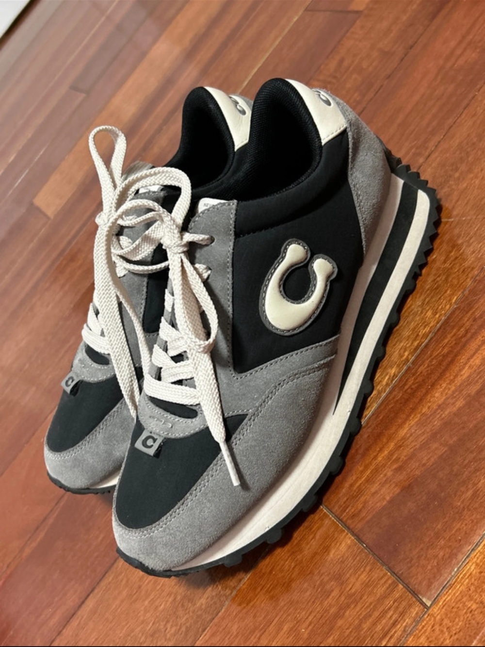 Coach Grey and Black Suede Athletic Sneakers with Cream Accents